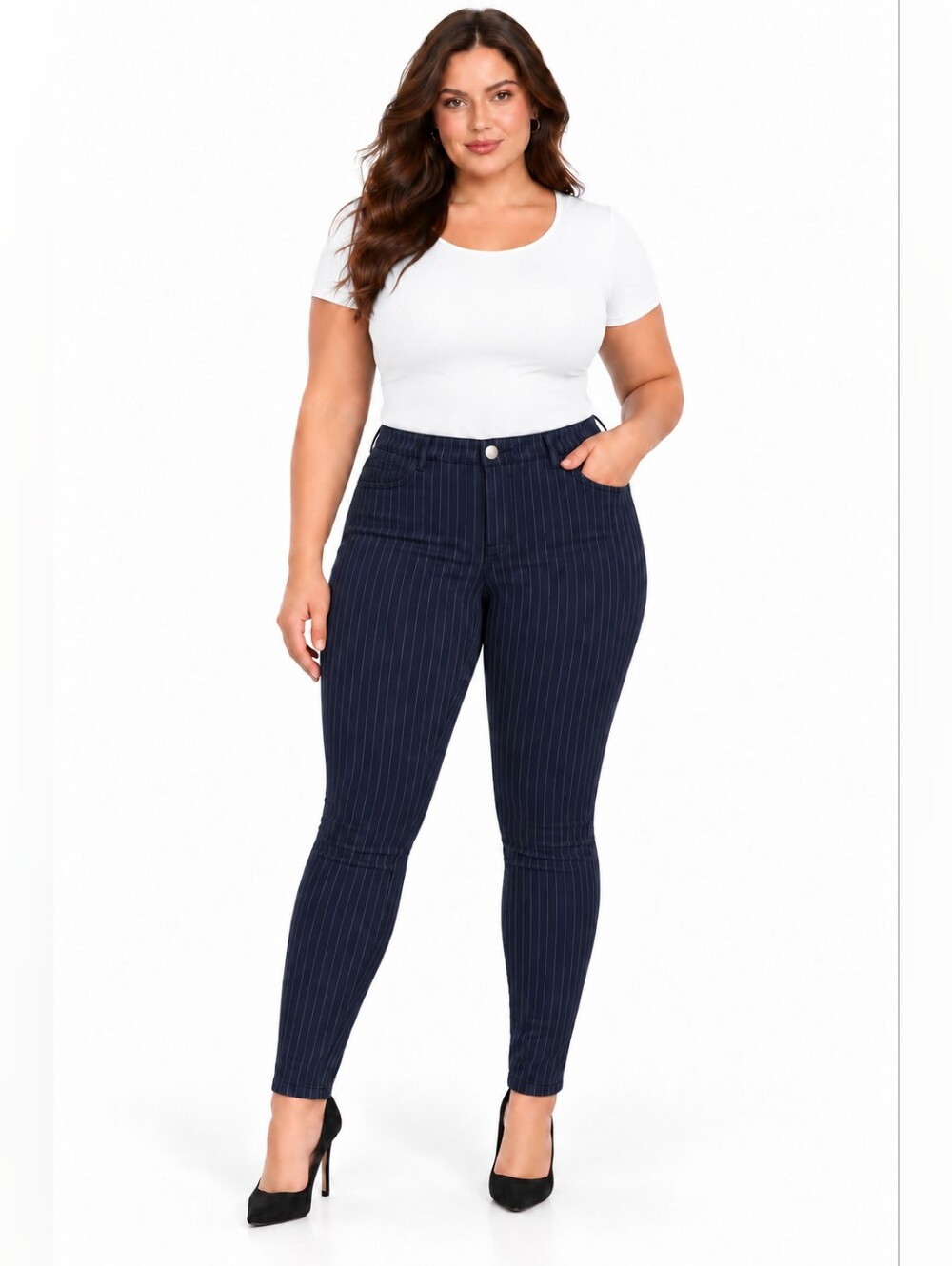 Navy Pinstripe Skinny Ponte Pants